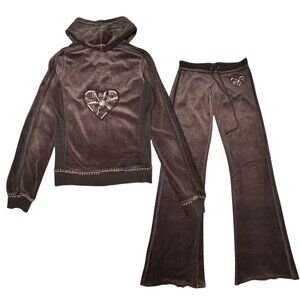 Y2K Twisted Heart Velour Tracksuit Sz.S Brown Beaded Embroidered Flare Leg Boho